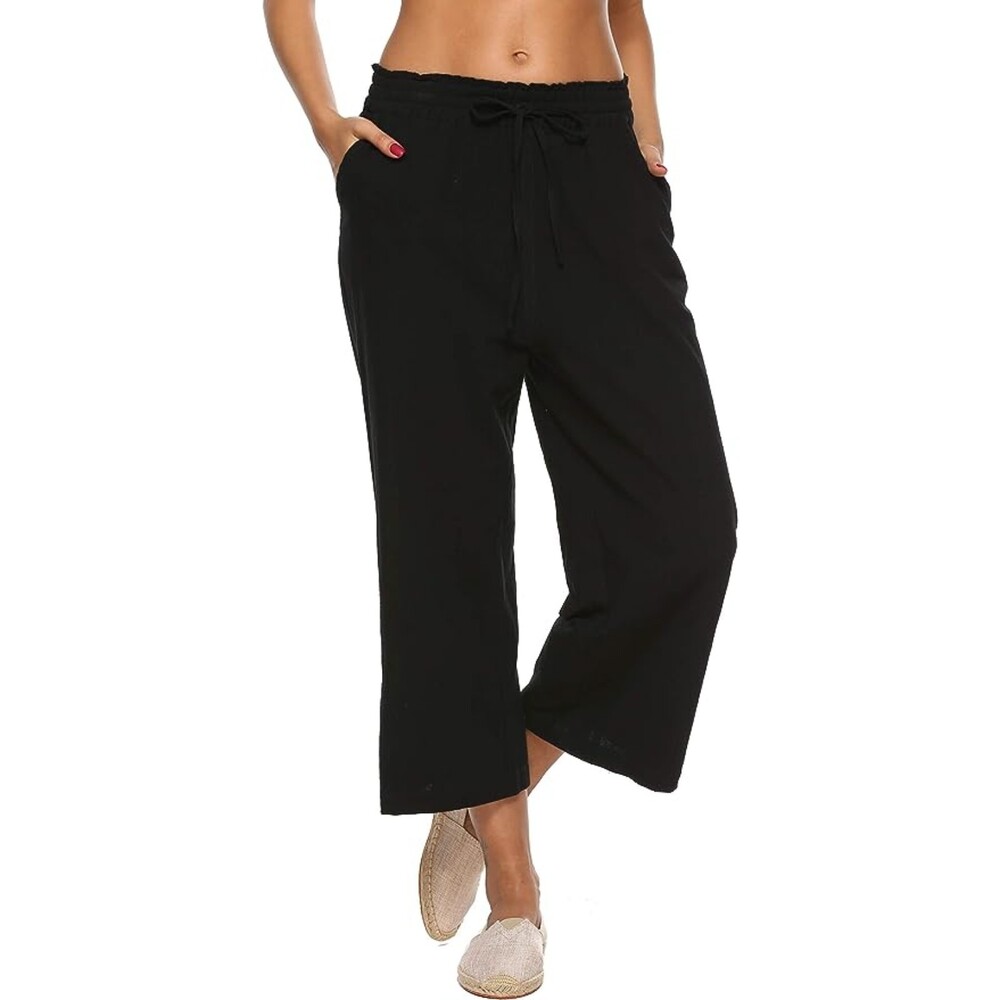 Linen Pants High Waisted Wide Leg Drawstring Loose Trousers with Pockets Sz M